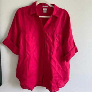 CHICO’S 100% Linen Dark Pink Button  Down Shirt Size 2